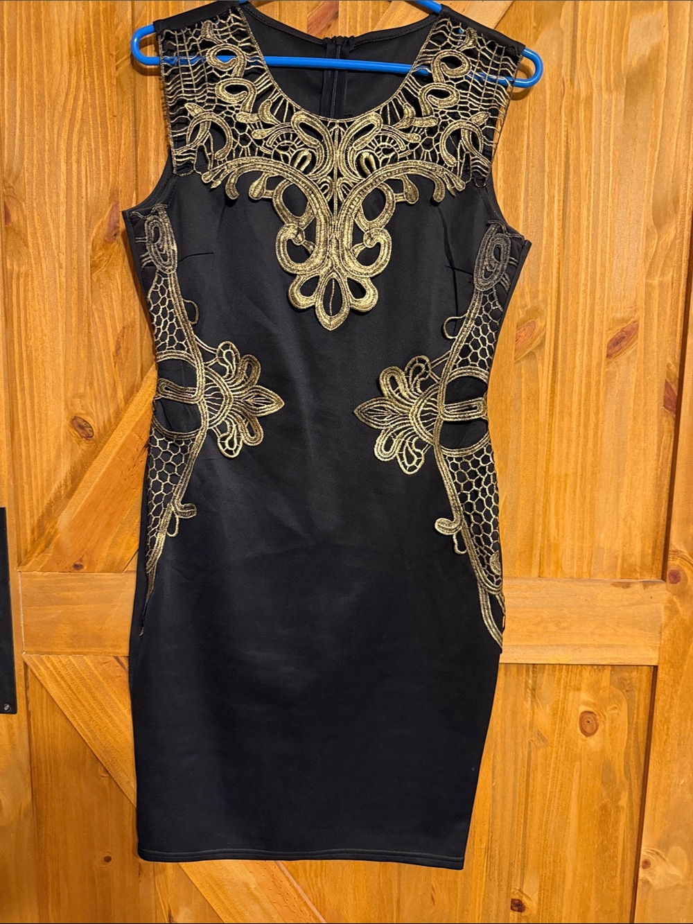 Black Dress with Gold Embroidery - Elegant Sleeveless Sheath